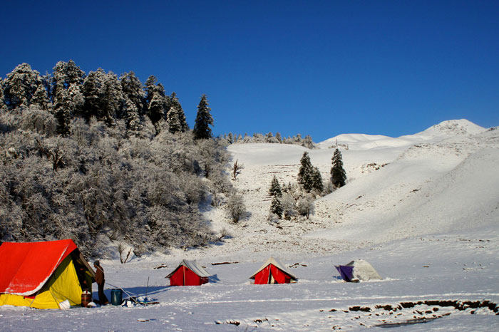 Snow filled campsite at Dayara bugyal with bakria top in the background