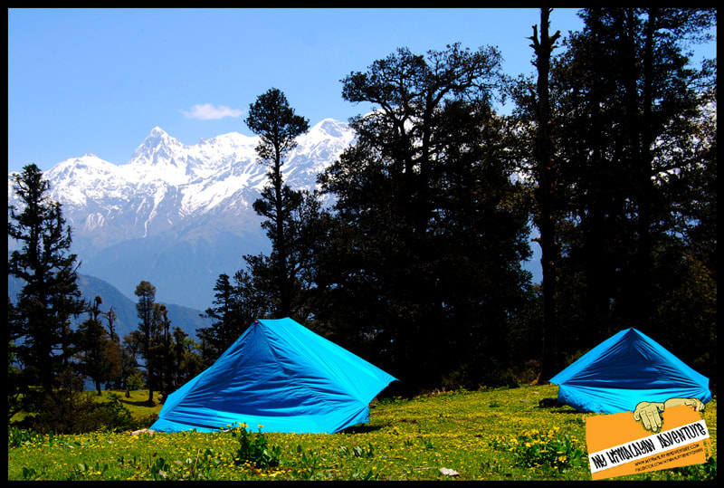 Camping at Dayara Bugyal. Prominent peaks visible on this trek include Mt Srikanth (20,150 ft.), Mt Jaonli (21,800 ft.) and Mt Draupadi ka Danda