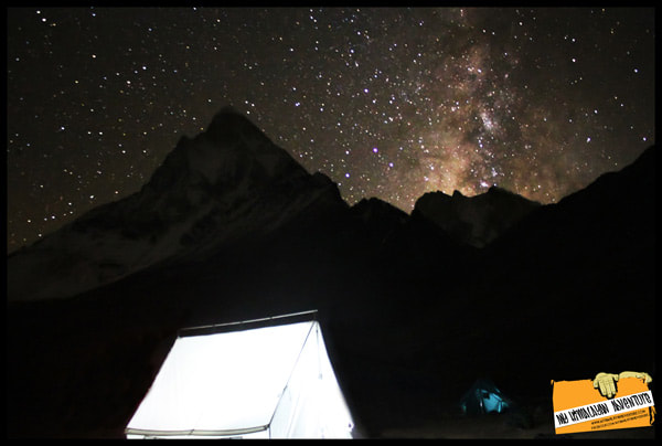 Camping at Tapovan, Mt Shivling and Mt Meru in the background