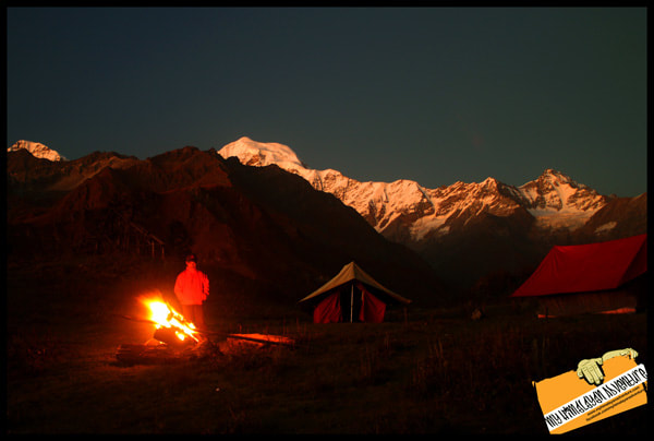 Camping at Darba top with Mt Bandarpunch in the background during the Dodital trek